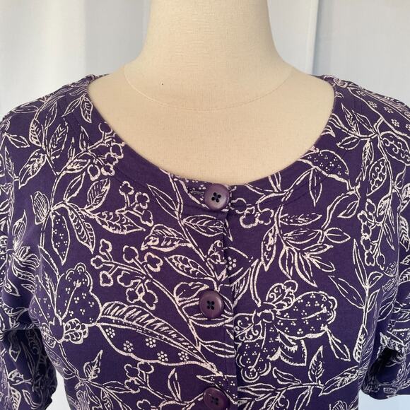Vintage Midi Dress Size Medium Petite Purple White Floral A Line Button Cottage - Picture 4 of 15